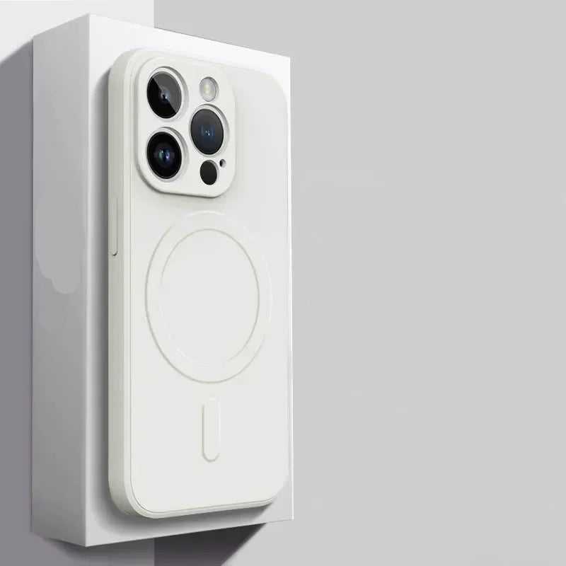 Magsafe magnetic phone case packaging with text on a gray background