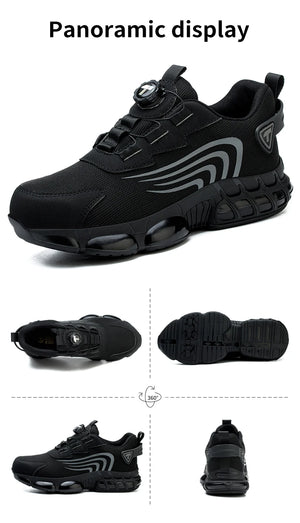 Black work shoe with multiple views on a white background