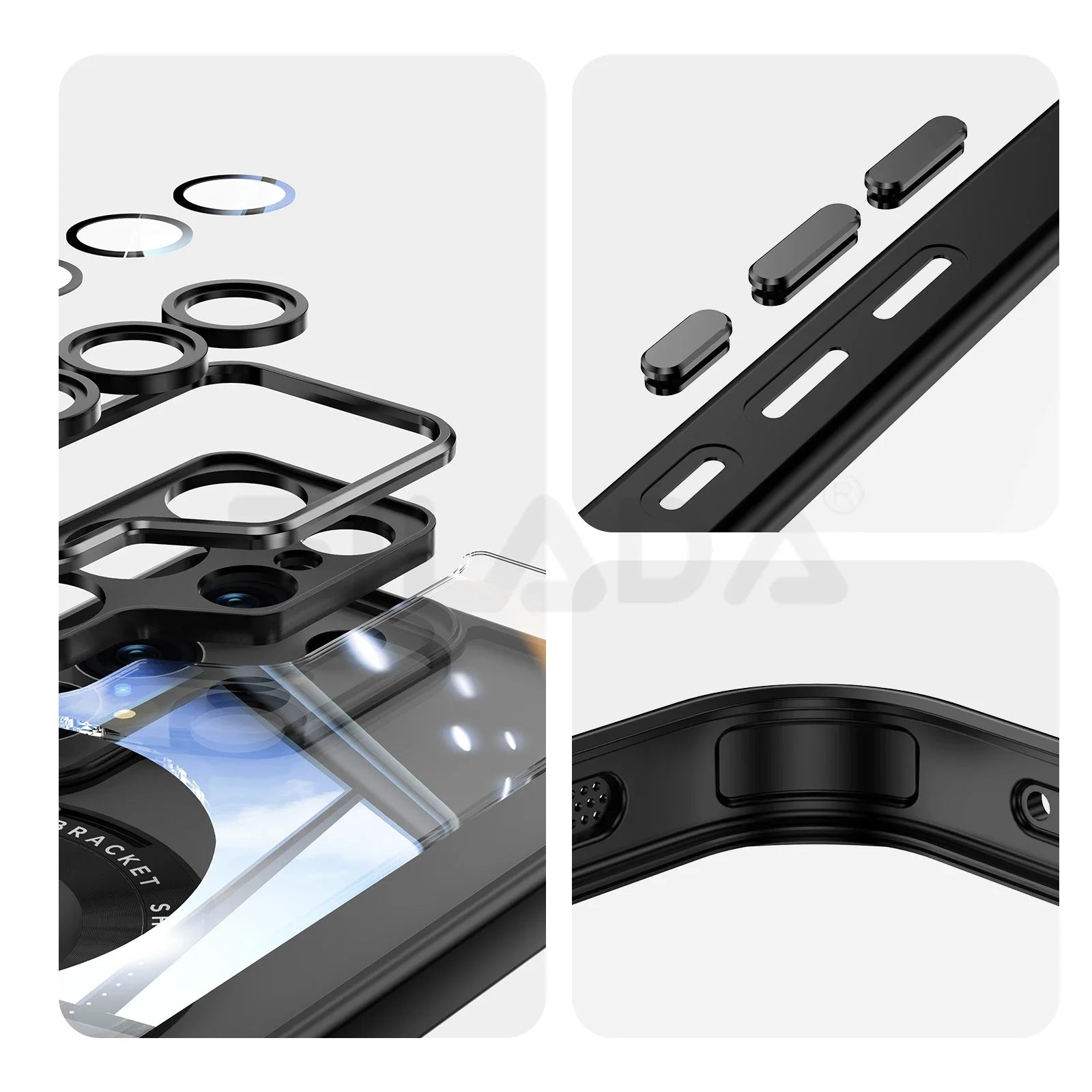 Transparent frosted magnetic Samsung Galaxy case with rotating ring stand and full shockproof coverage