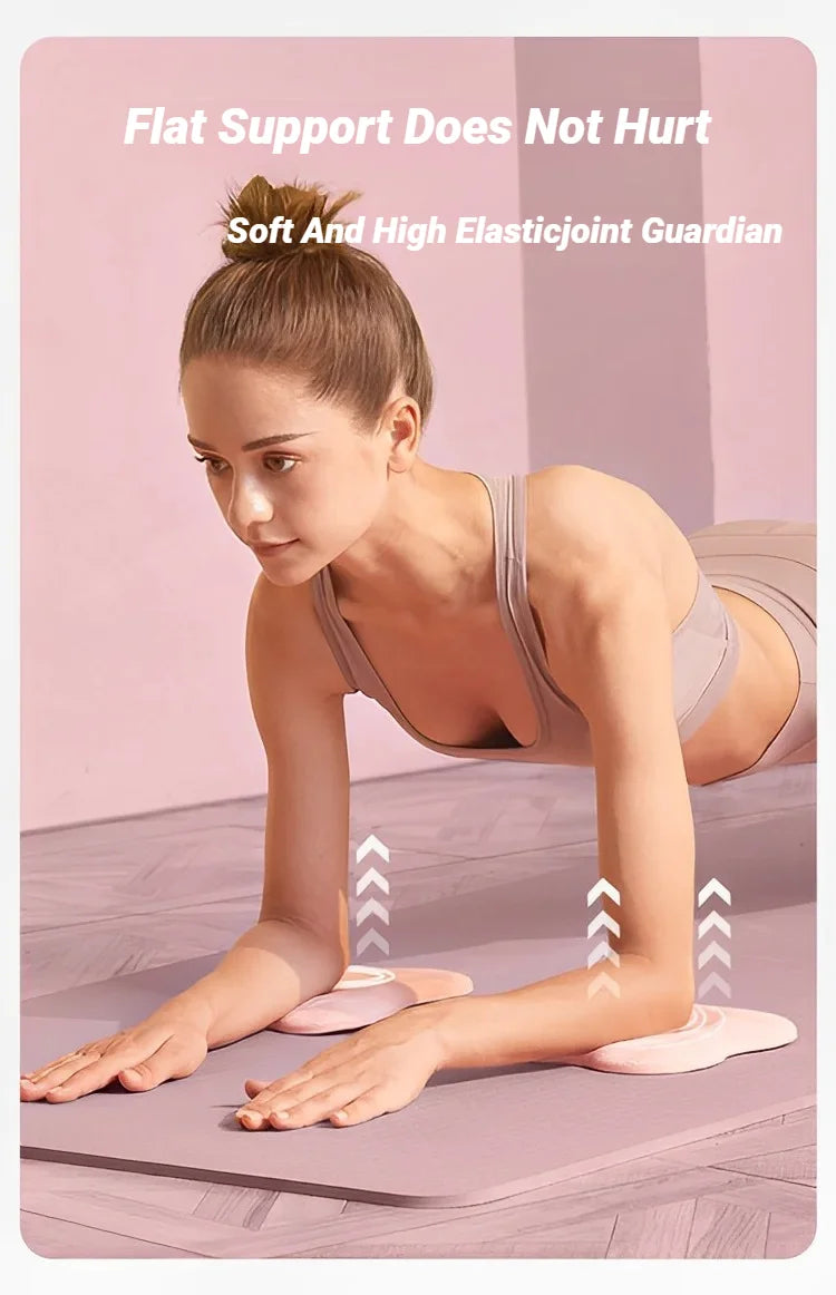 Woman in a yoga pose on a pink mat with text about flat support and elasticity.