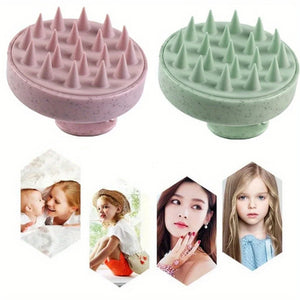 Two silicone scalp massagers, one pink and one green, with a collage of people at the bottom.