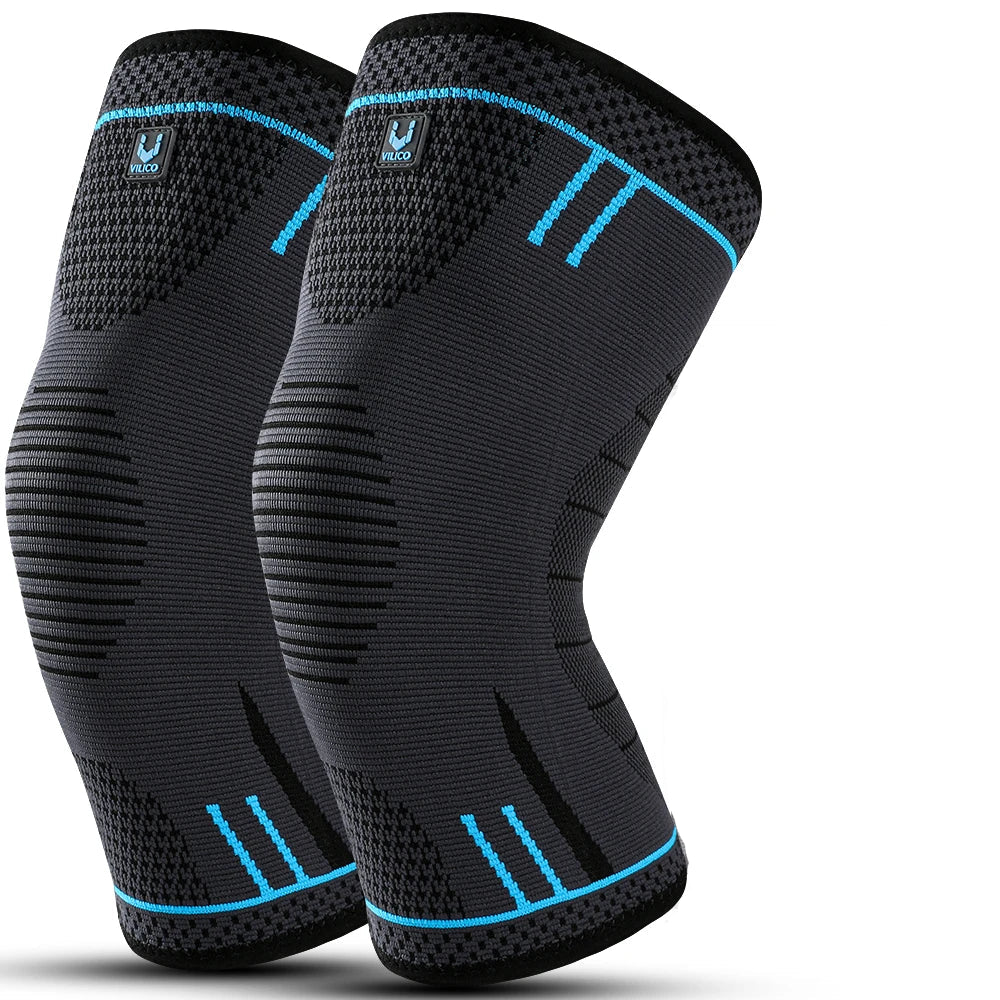 Pair of black Elastic compression knee support sleeve for sports and active daily movement with blue accents on a white background