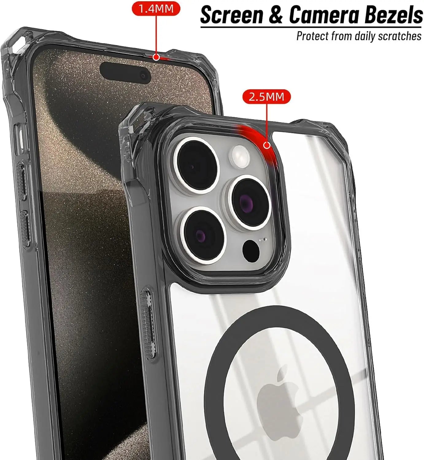 iPhone case with measurements of screen and camera bezels on a white background