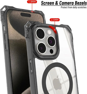 iPhone case with measurements of screen and camera bezels on a white background