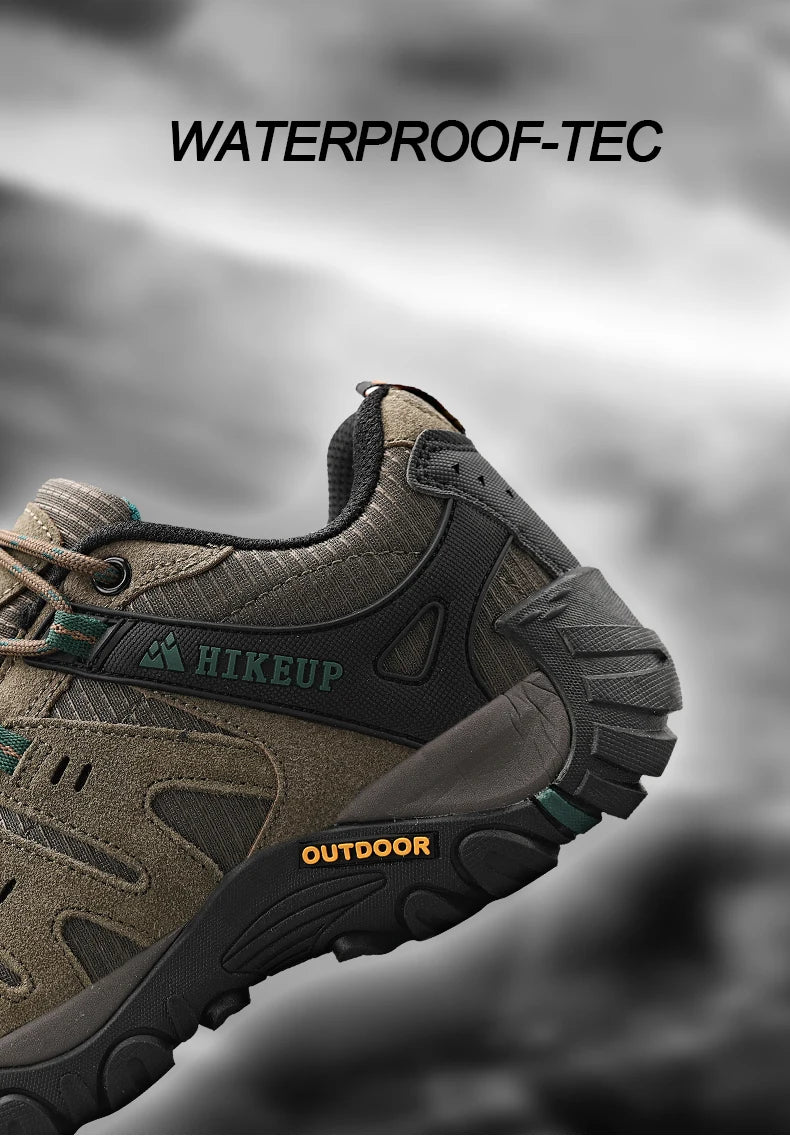 Brown hiking shoe with branding on a blurred outdoor background