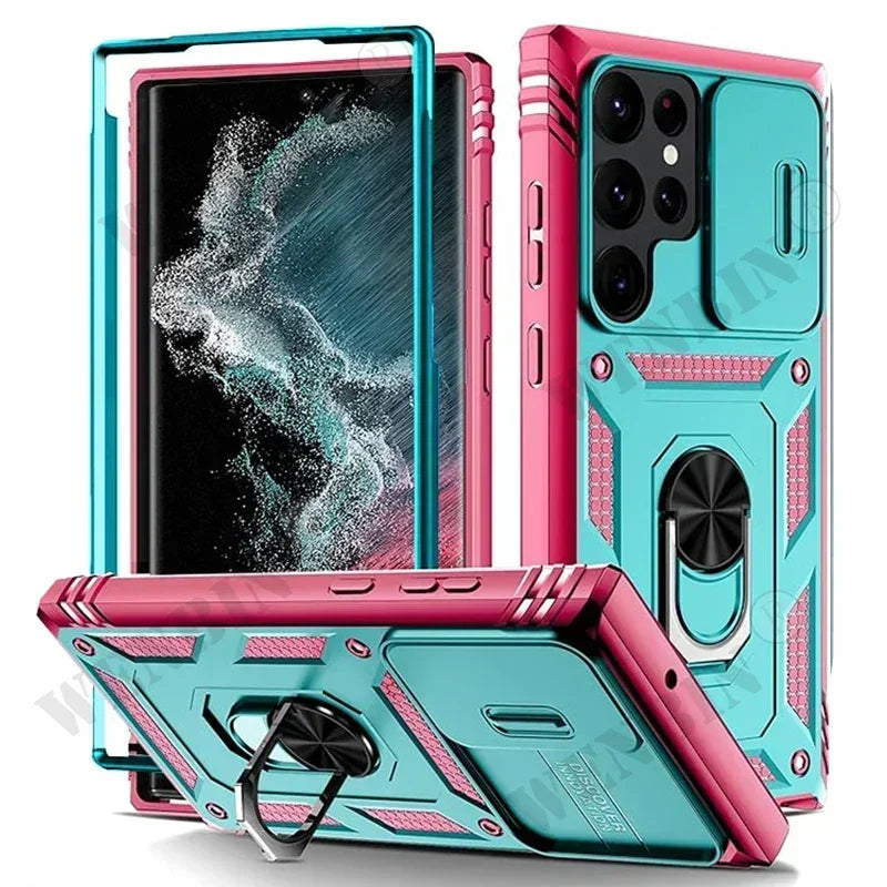 Teal and pink Heavy duty Samsung Galaxy case with ring holder on a white background