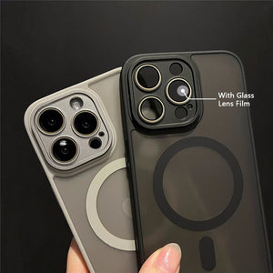 Two Matte magnetic iPhone case compatible with Magsafe wireless charging with camera lens protection on a black background