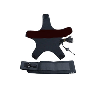 Black and brown dog muzzle with a strap on a white background
