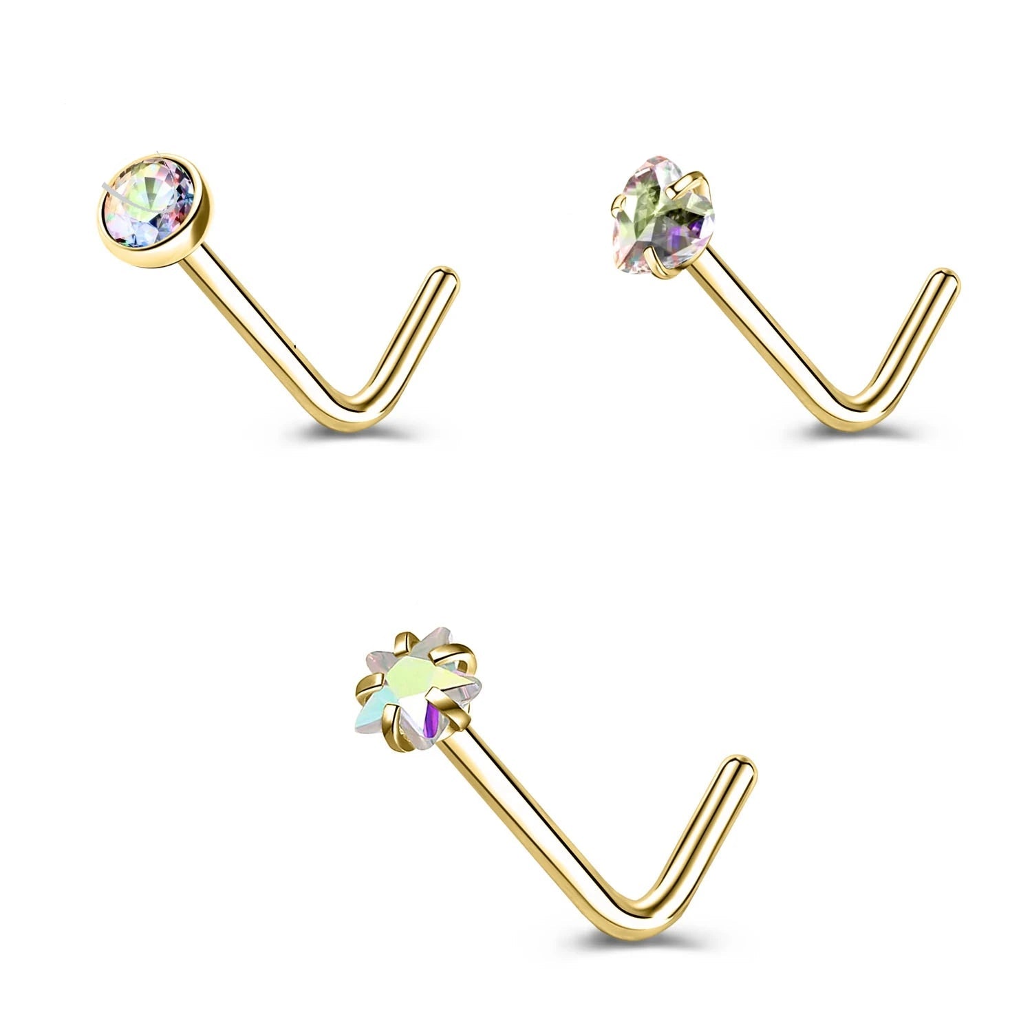 Gold & Silver Nose Stud Set – Heart Star Round L Shape Nostril Piercing 0.8x7mm