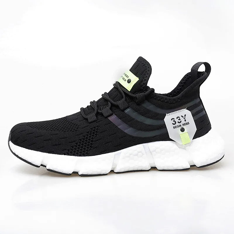 Black running shoe with white sole on a white background