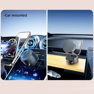 Car-mounted phone holder with smartphone on a dashboard and wooden surface