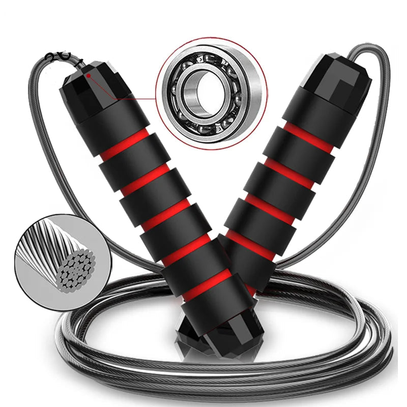 Black and red Speed Jump Rope with detailed views of bearings and cable texture on a white background.