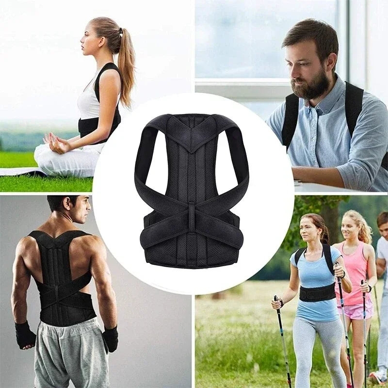 Collage of people wearing a black Adjustable back support strap for shoulder alignment and daily posture comfort in various settings.