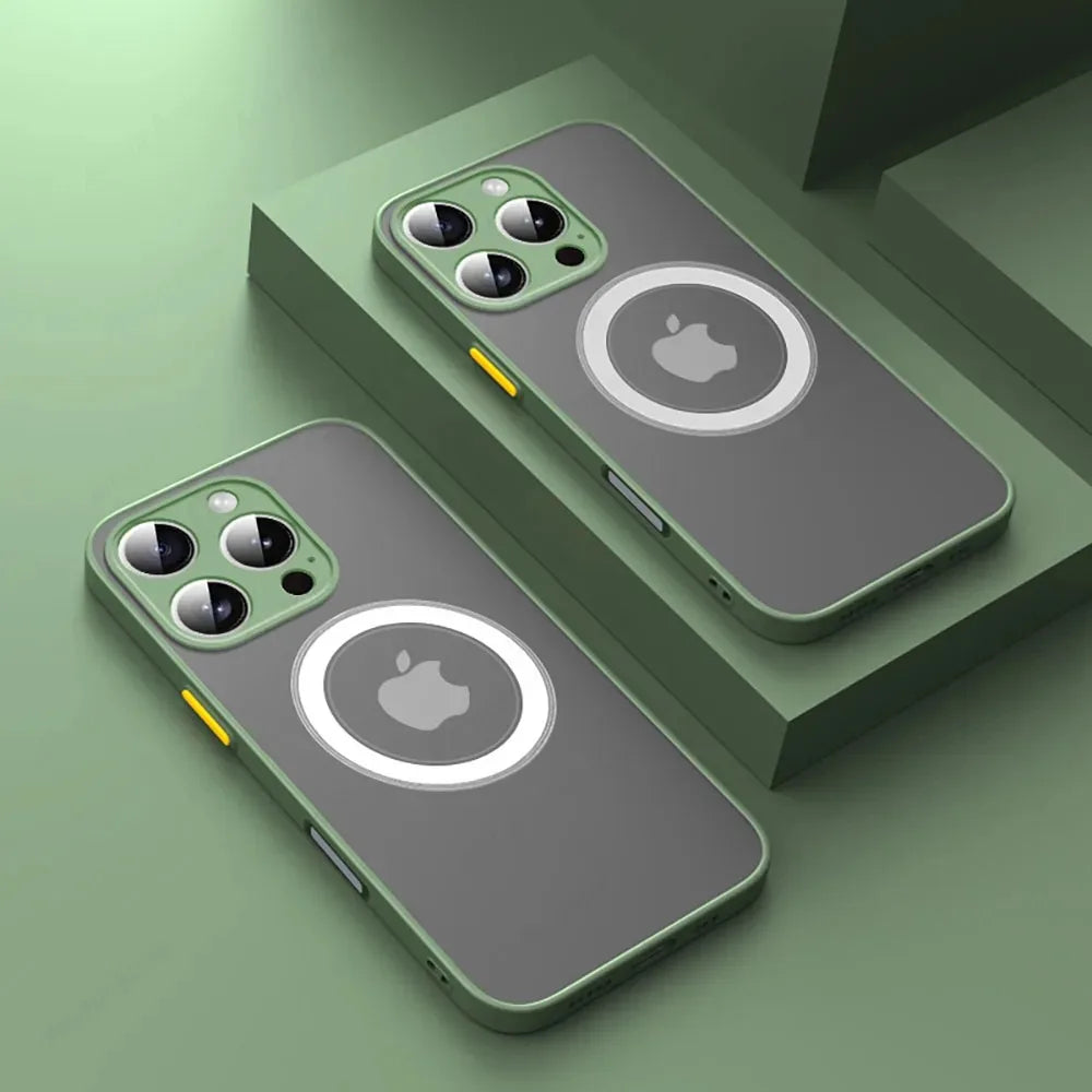 Two Matte armor magnetic iPhone case compatible with MagSafe on a green background