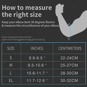 Measurement guide for elbow circumference with a table of size ranges.