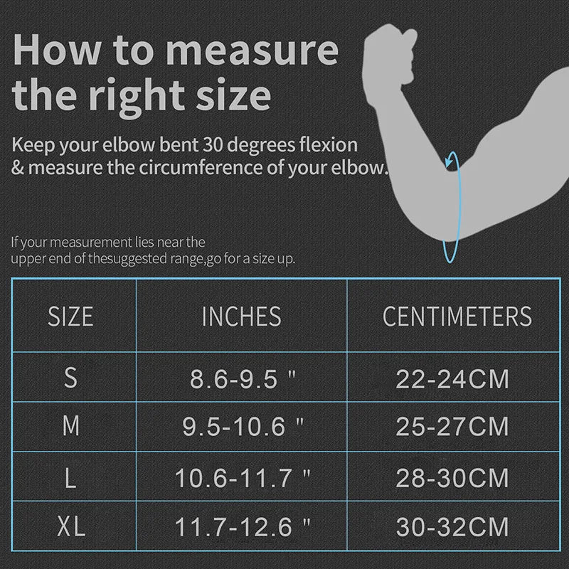 Measurement guide for elbow circumference with a table of size ranges.