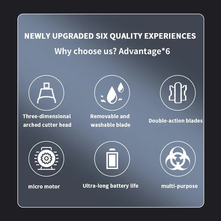 List of newly upgraded six quality experiences with icons and text on a dark background