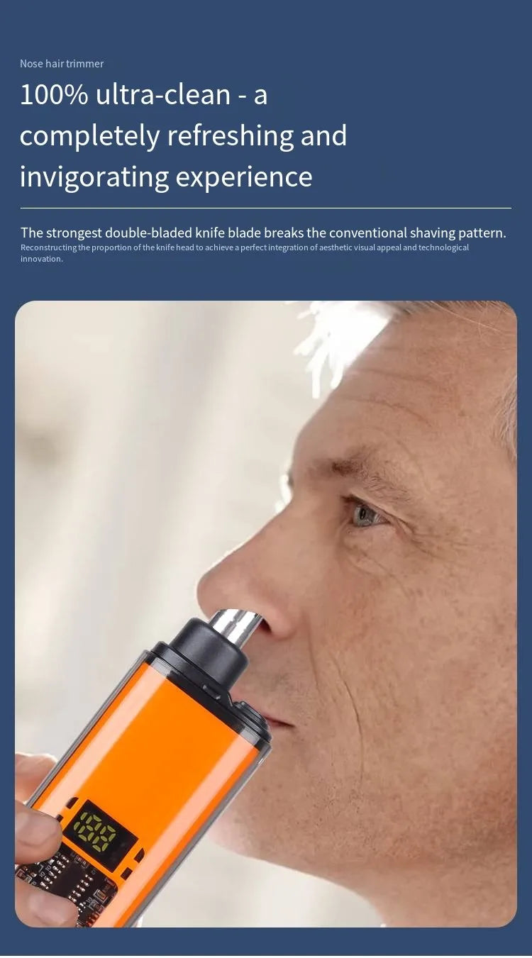 Person using a double-bladed razor with text about ultra-clean experience