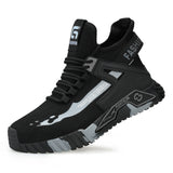 Black and gray safety work boots with brand logo on a white background