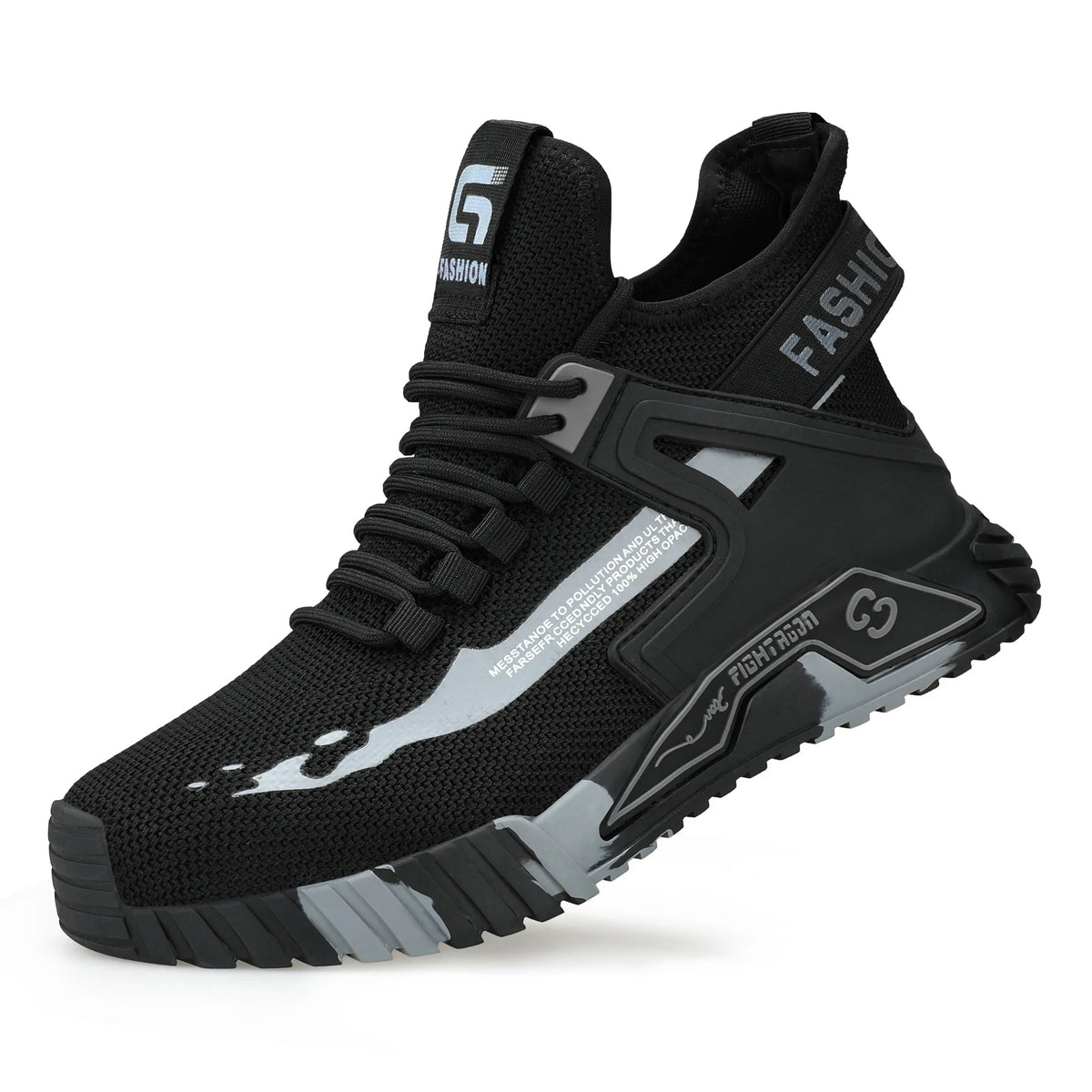 Black and gray safety work boots with brand logo on a white background