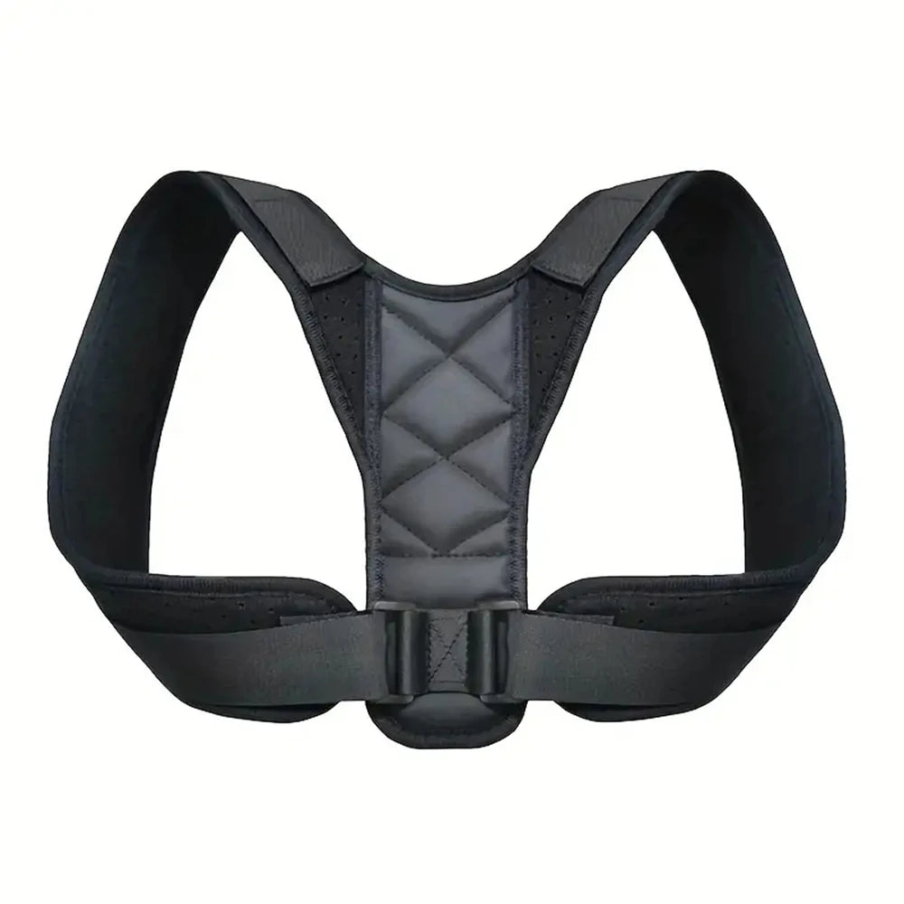 Black Adjustable shoulder back support strap for daily posture comfort on a white background