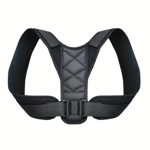 Black Adjustable shoulder back support strap for daily posture comfort on a white background
