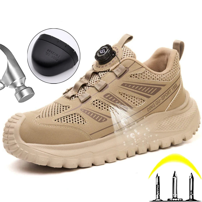 Beige work shoe with a detailed sole and hammer graphic on a white background