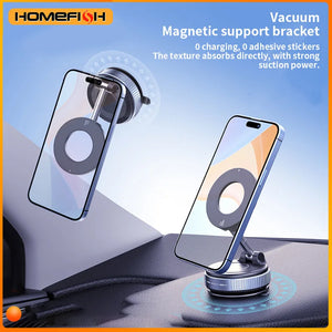 Homefish vacuum magnetic support bracket with phone holder on a car dashboard.