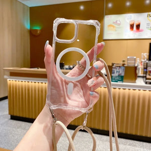 Clear iphone case with strap held in front of a restaurant counter