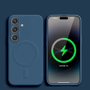 Blue phone case and smartphone with charging icon on a dark blue background