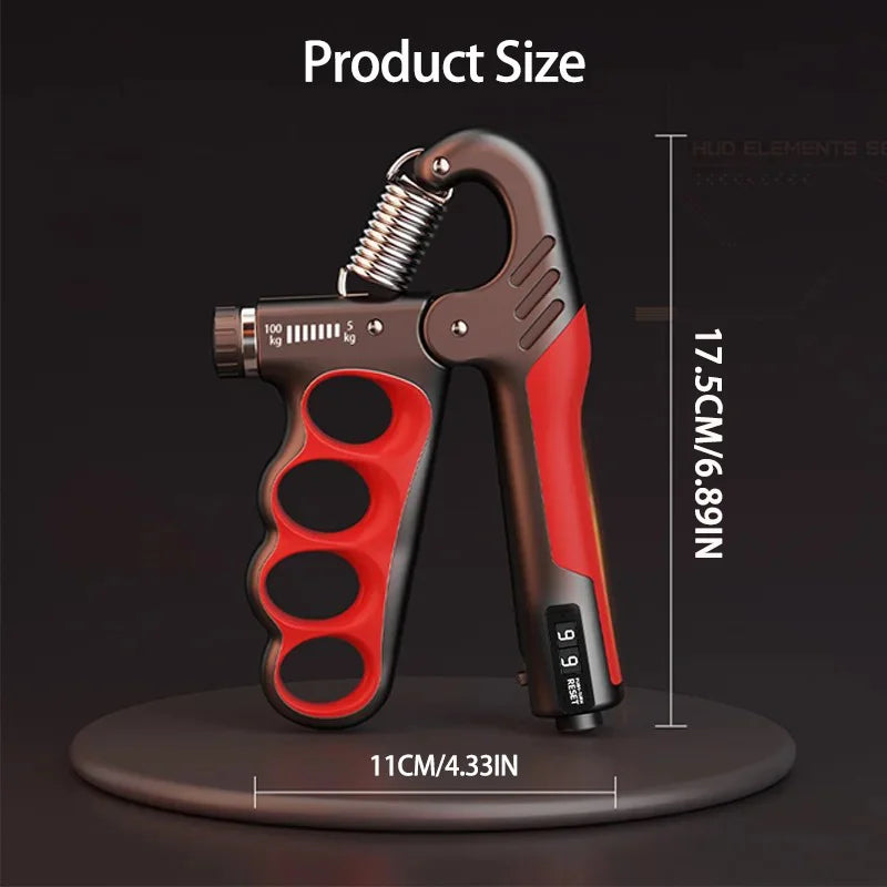 Red and black hand grip trainer with measurement details on a dark background