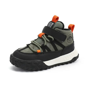 Children's hiking boot with green, black, and orange color scheme on a white background