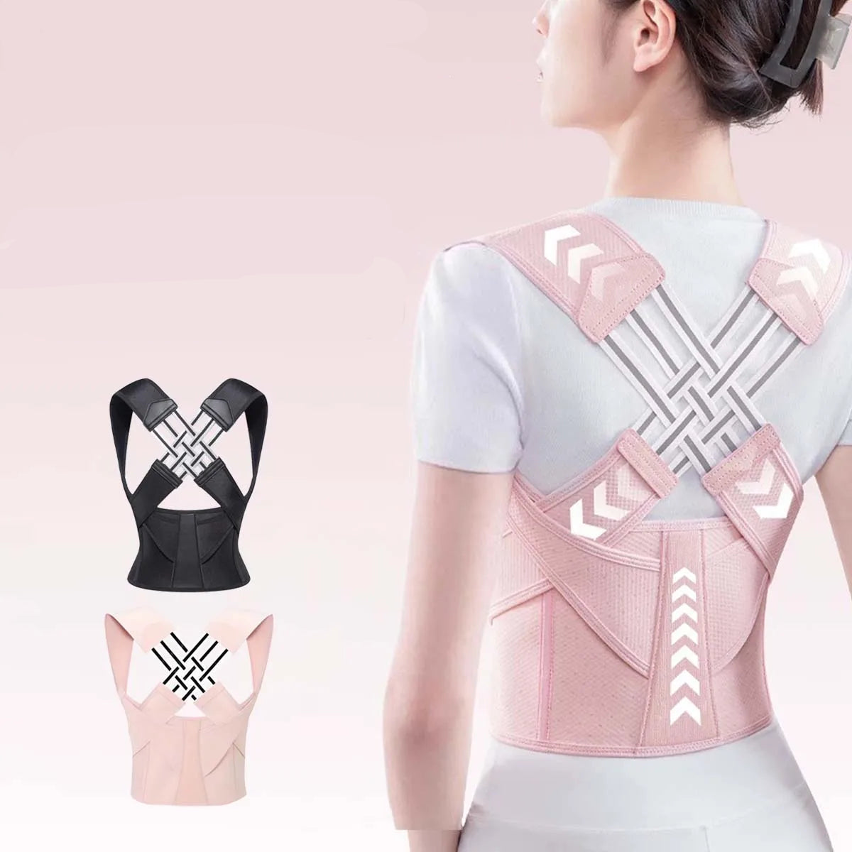 Person wearing a pink posture corrector with text highlighting benefits on a light pink background