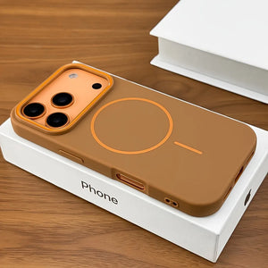 Brown phone case with orange accents on a white box