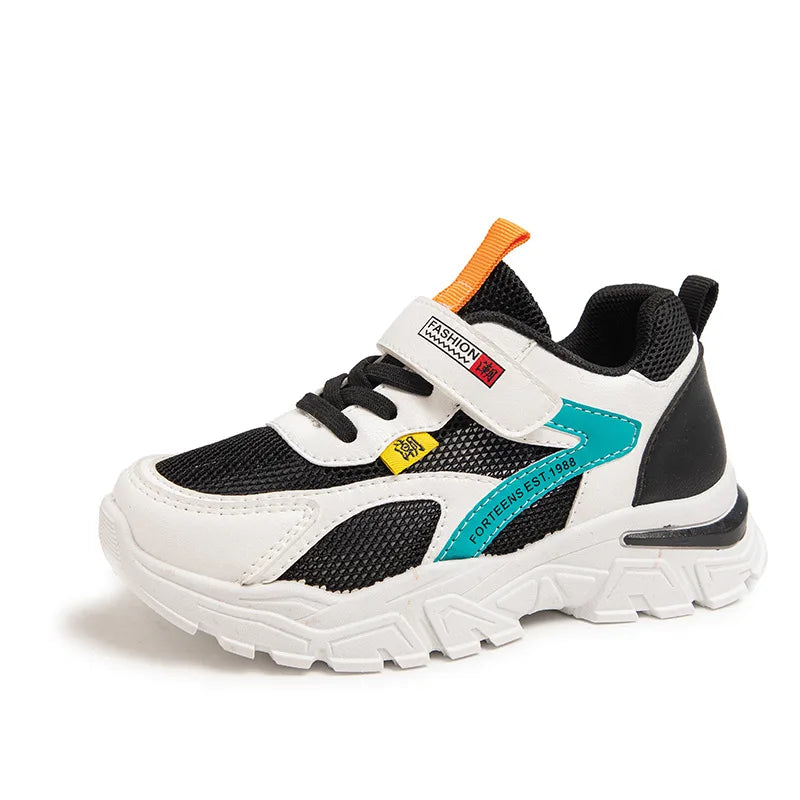 Children's sneaker with black, white, and blue design on a white background