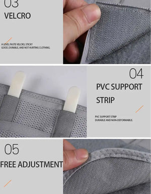 Gray fabric with velcro, PVC support strip, and free adjustment features.