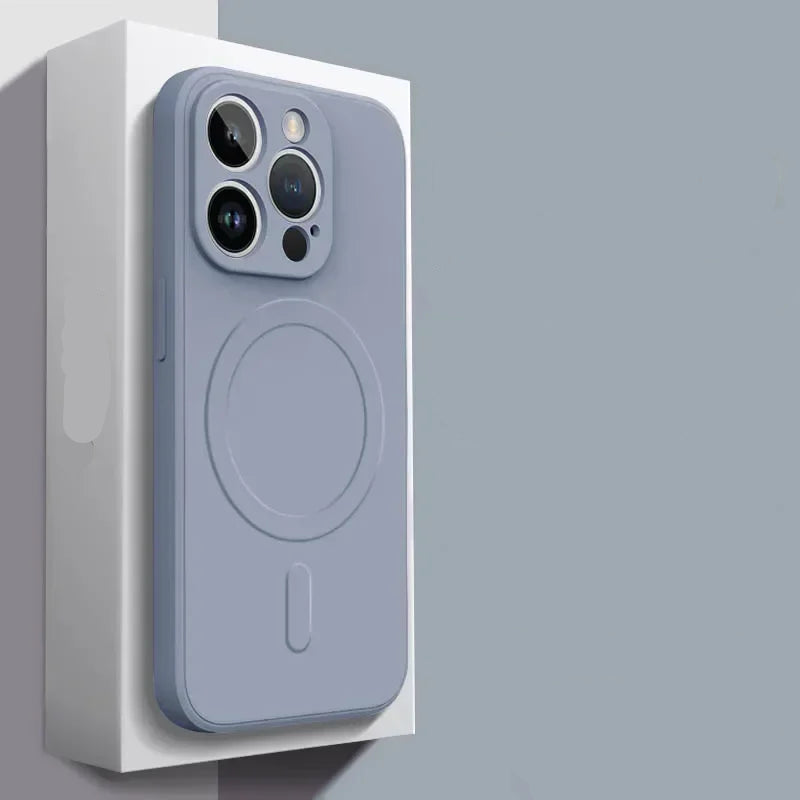 Magsafe magnetic iphone case with liquid silicone material on a gray background