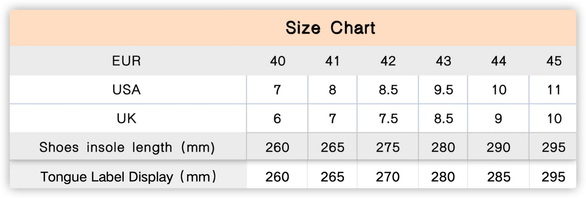 size chart showing shoe size conversions between EUR, USA, and UK.
