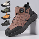 A pair of mid-height lace-up boots with a dial closure, shown in a main tan and black colorway with four smaller color variants (white, green, orange, and black) displayed in a vertical row on the left. The main boot is positioned on a white pedestal against a light gray background.