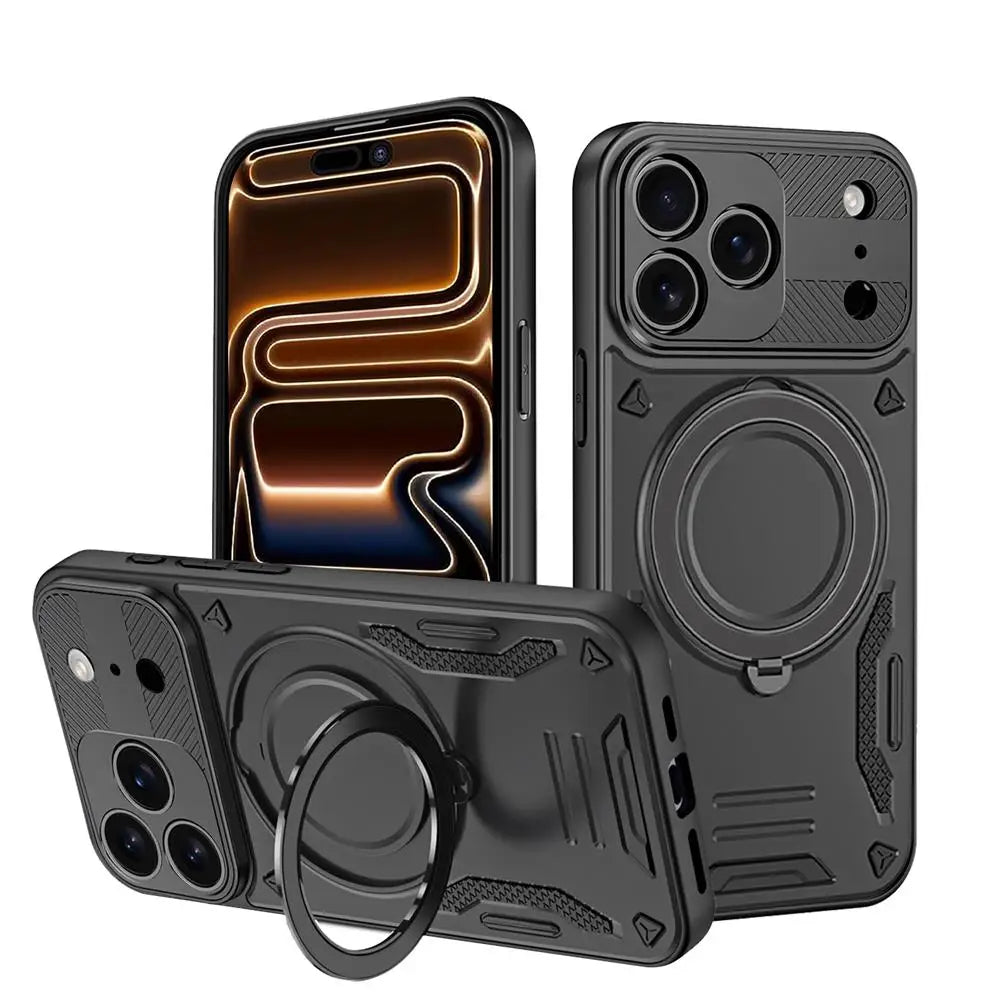 Black Luxury Armor Magnetic iPhone Case with Ring Kickstand Full Coverage PC TPU