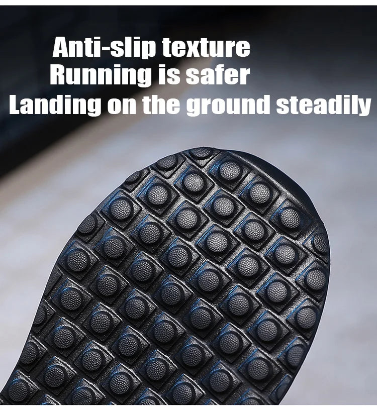 Close-up of a shoe sole with anti-slip texture and text highlighting safety benefits.