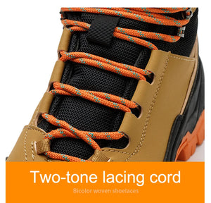 Close-up of a brown safety shoe with orange and black laces on a white background