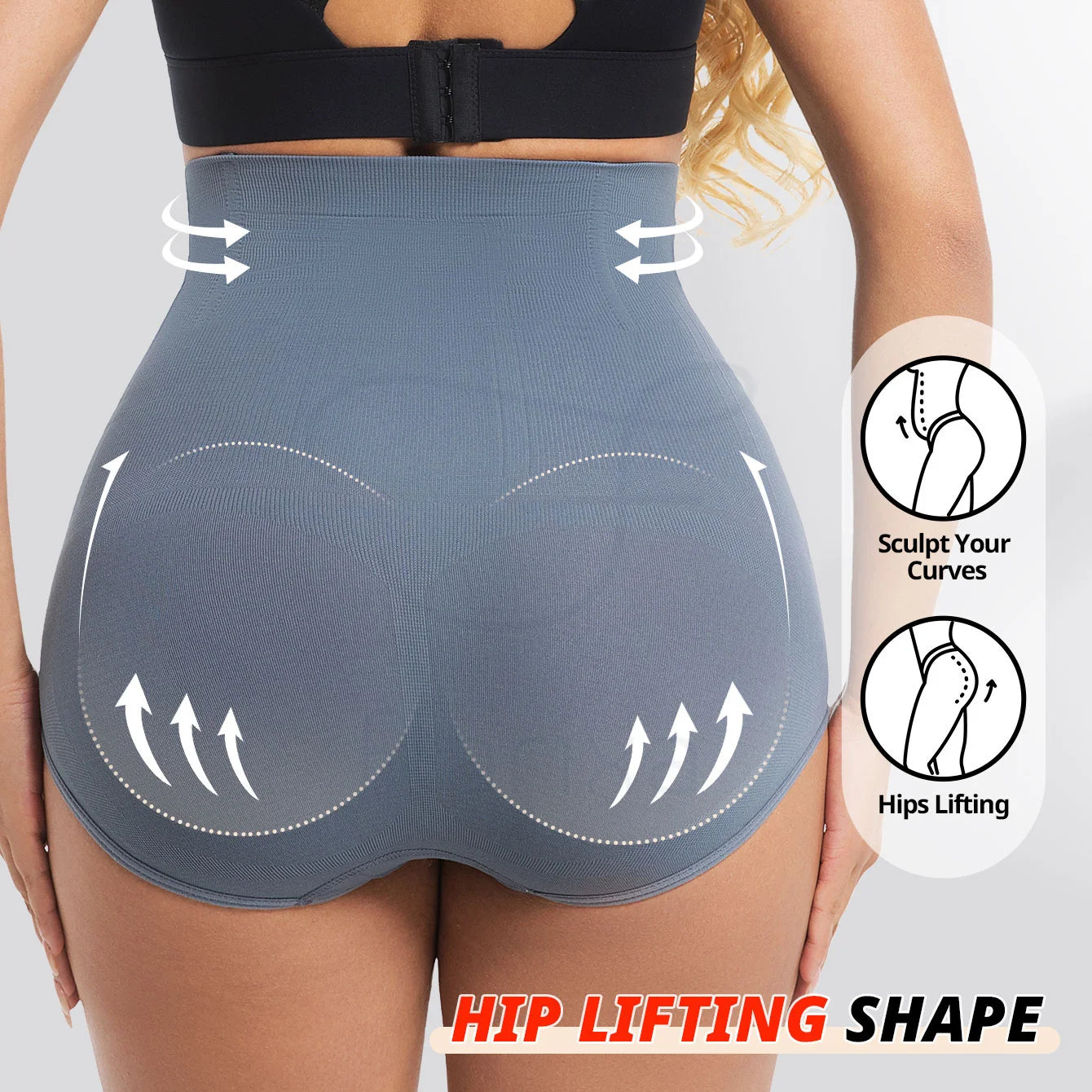 Gray hip lifting shape product with text and icons on a gray background