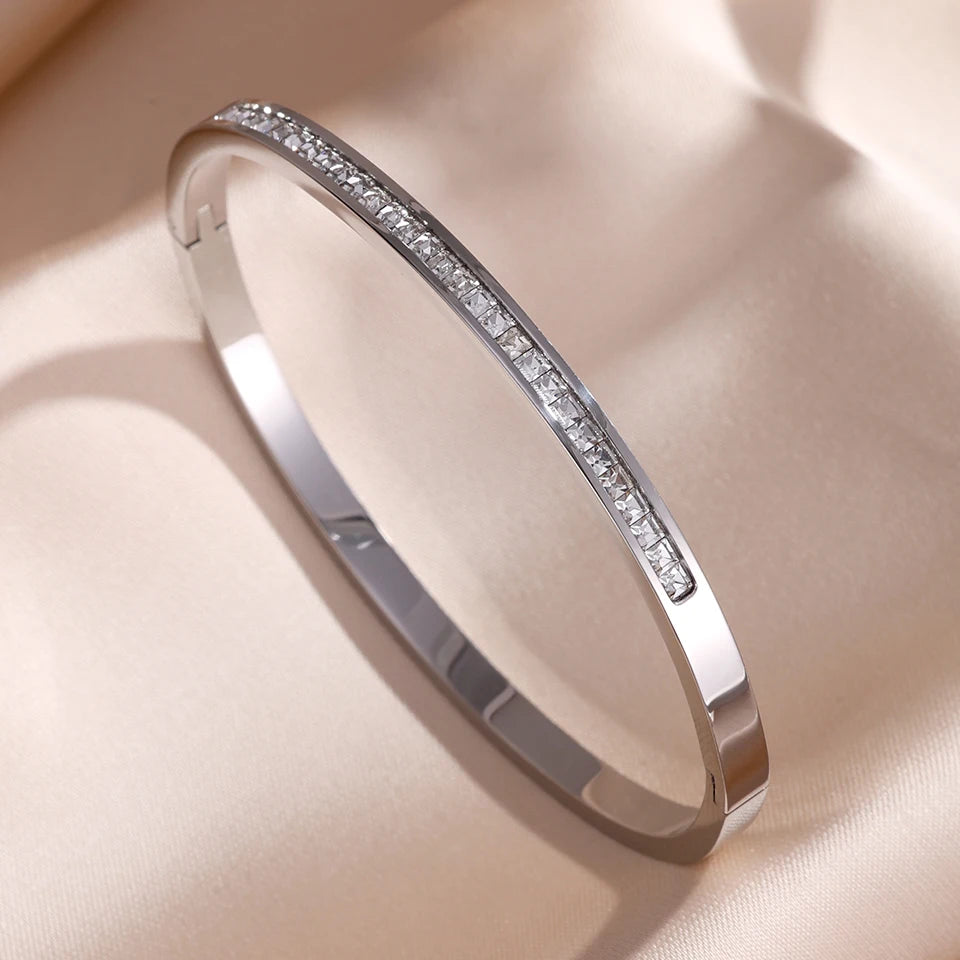 Sparkling zirconia stainless steel stackable bangle bracelet set for women