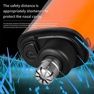 Nose hair trimmer head with text about safety distance and nasal cavity protection on an orange and blue background.