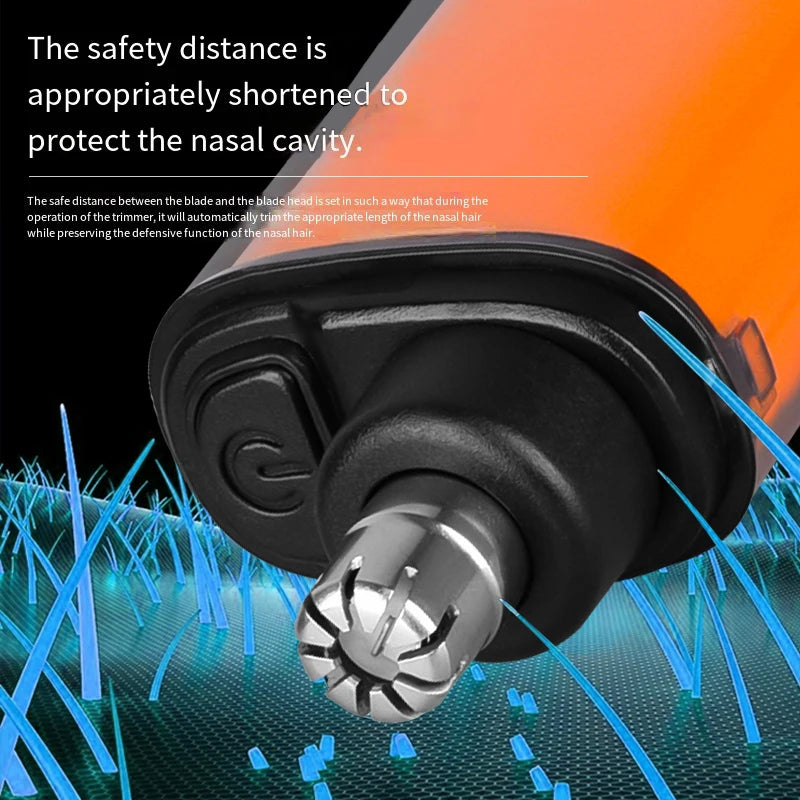 Nose hair trimmer head with text about safety distance and nasal cavity protection on an orange and blue background.