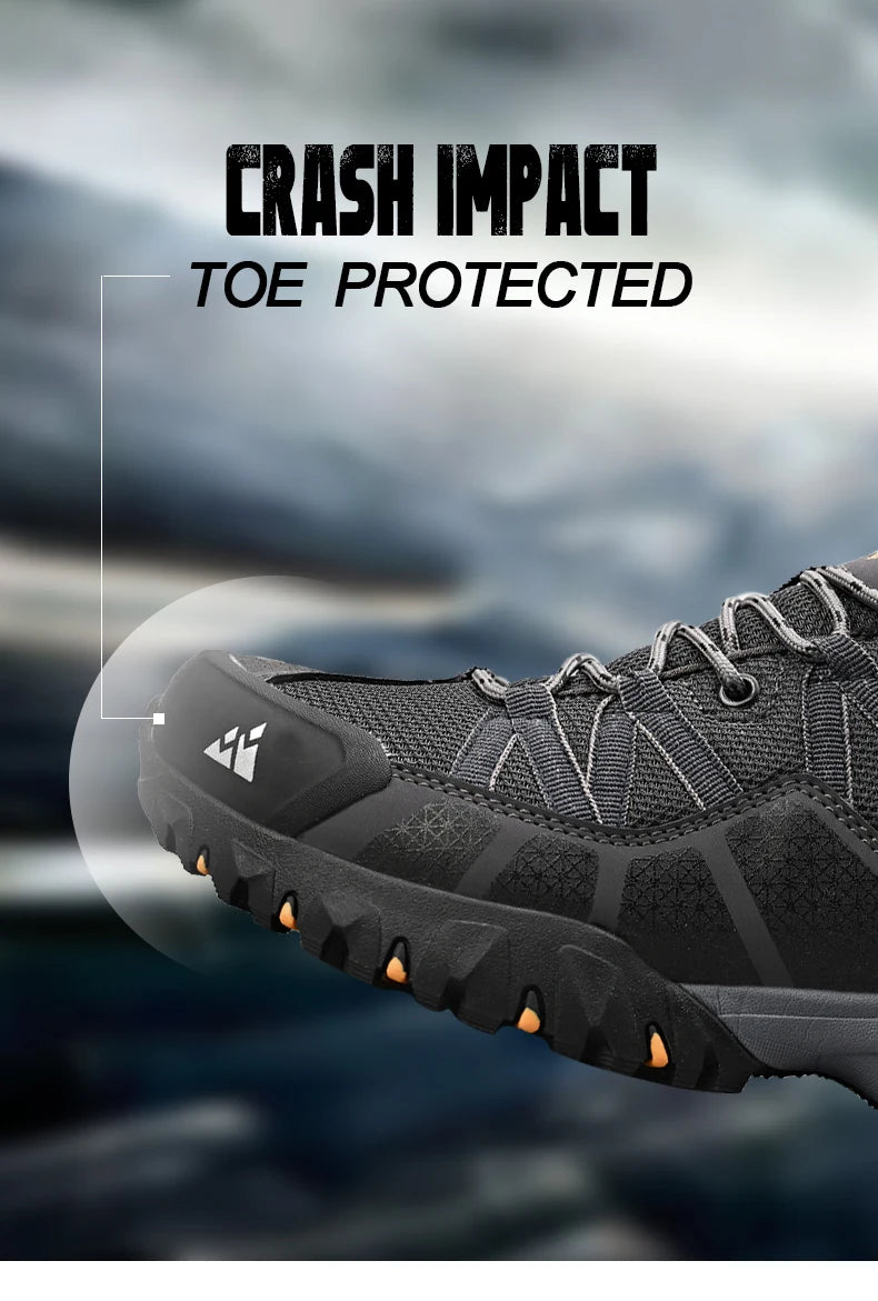 Black hiking shoe with 'Crash Impact Toe Protected' text on a blurred background