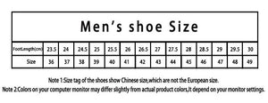 A size chart labeled 'Men's shoe Size' showing a table with foot length in centimeters and corresponding Chinese shoe size, plus two notes below explaining that shoe tags show Chinese size rather than European size and that monitor color may differ slightly.