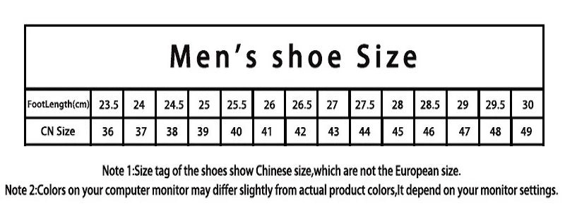 A size chart labeled 'Men's shoe Size' showing a table with foot length in centimeters and corresponding Chinese shoe size, plus two notes below explaining that shoe tags show Chinese size rather than European size and that monitor color may differ slightly.