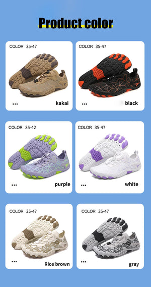 Collection of barefoot shoes in various colors on a blue background